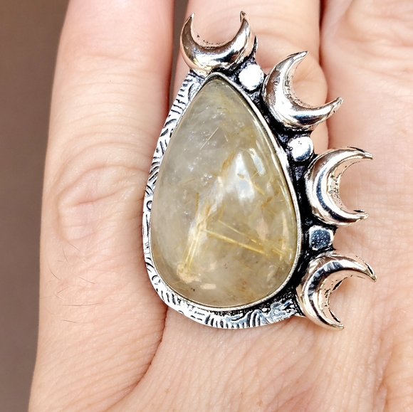 New Witchy Golden Rutile Multi Horned Crescent Moon 925 Silver Ring. - Picture 3 of 12